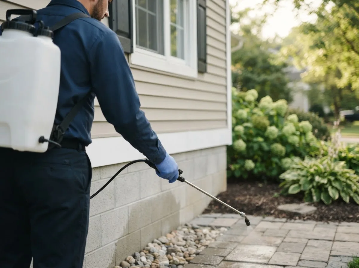 Pest control technician inspecting a home in Carman, IL